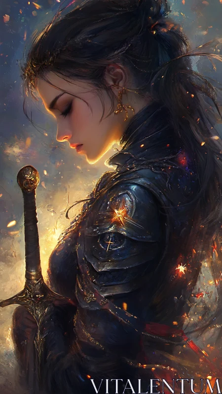 Quiet warrior in glowing armor holding a faithful sword.