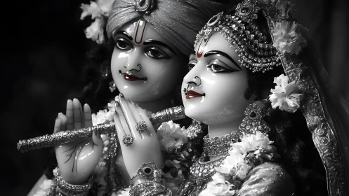 Monochrome close-up of ornate devotional statues in garlands.