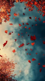 Vertical autumn leaf vortex with cinematic sky contrast.