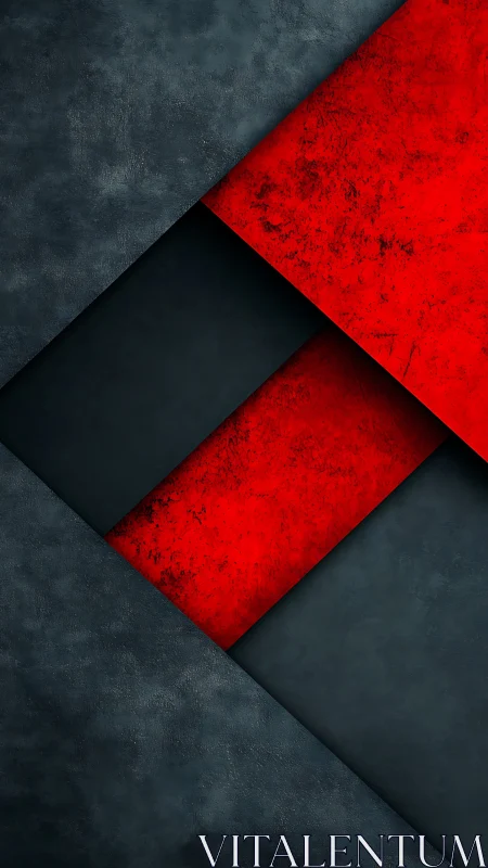 Red textured diagonal bands intersect dark stone planes