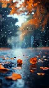 Wet autumn street with orange leaves and first snowfall.