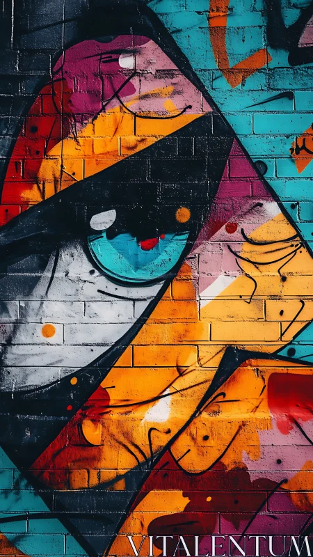 Streetwise color shards converge into a watching brick eye