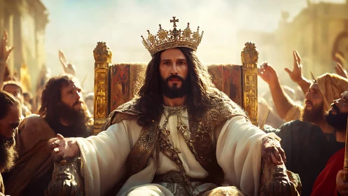 Bearded king wearing golden crown sits on ornate throne