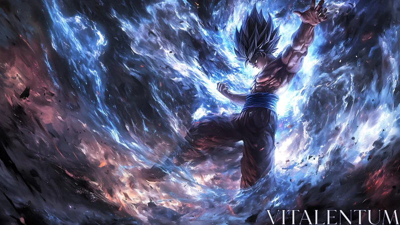 Energy-charged warrior erupts through swirling cosmic storm