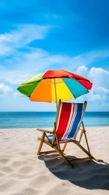 Colorful beach umbrella and chair on empty sandy shore.