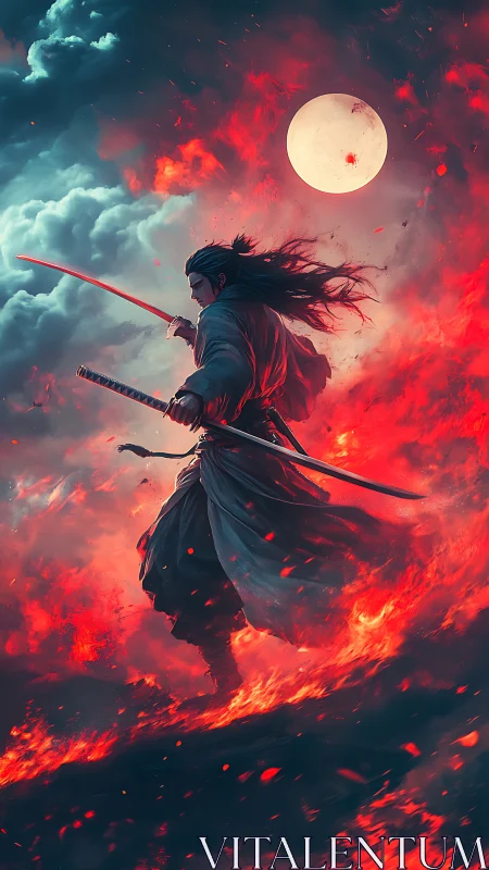Solitary samurai with twin katanas amid fire and moon.