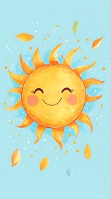 Kawaii solar disk with radiating flares and floating foliage.