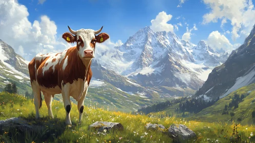 Brown and white cow standing in bright alpine meadow landscape.