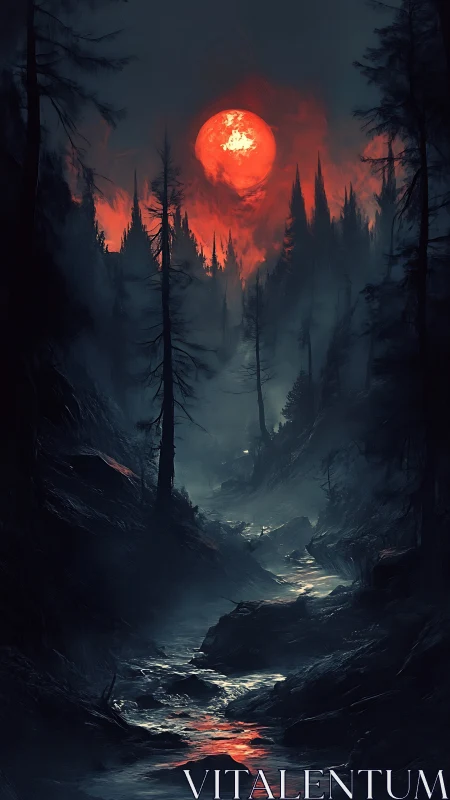 Blood moon ignites misty ravine and dark conifer forest.