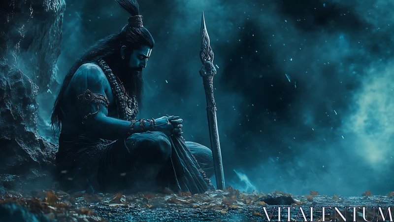 Warrior in quiet reflection beneath a stormy blue night.