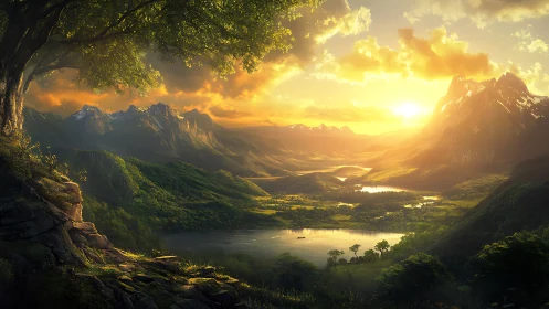 Golden valley sunrise welcomes calm mountains and quiet lake