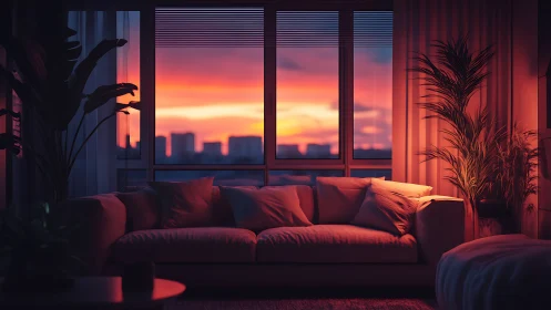Interior sofa scene faces sunset-lit city skyline