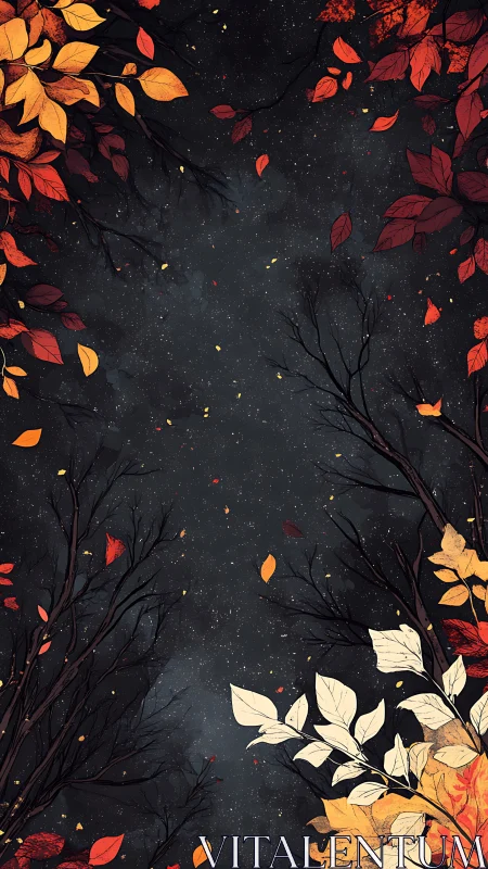 Gentle autumn leaves circling a quiet, starry night sky.