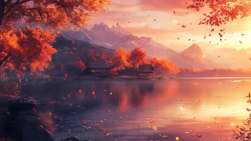 Autumn lakeside chalets under glowing alpine sunset sky.