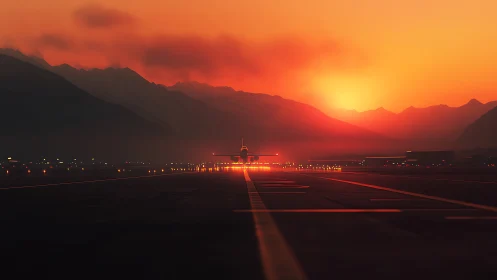 Passenger jet departs a glowing mountain runway at sunset