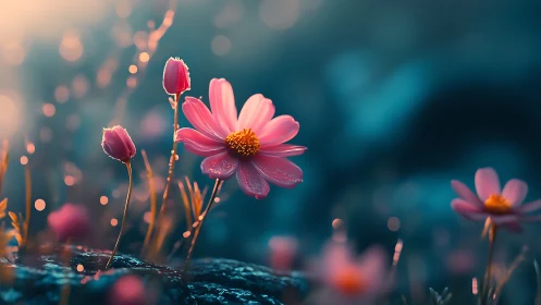 Pink cosmos flowers with water droplets against teal background