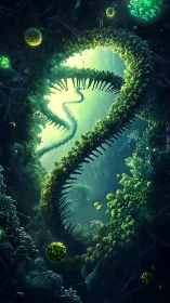 Glowing spiral DNA strand in dense microscopic forest.