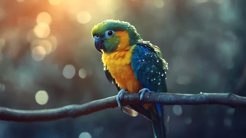 Vibrant parrot perched on branch in dreamy soft-focus light.