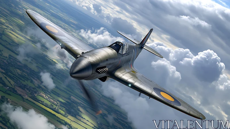 World War II fighter aircraft in tilted aerial landscape view.