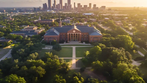 Sunlit campus hall embracing the city skyline beyond.