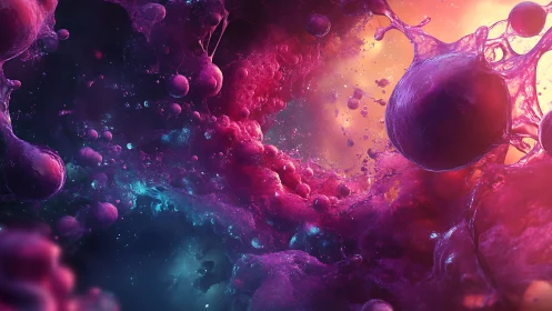 Cosmic bubbles drift through glowing nebula-like color tides