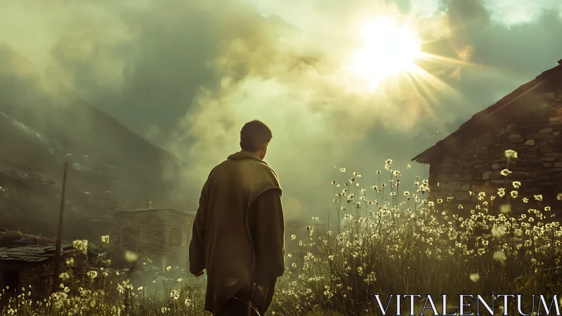 Backlit wanderer drifts through wildflowers toward burning sky