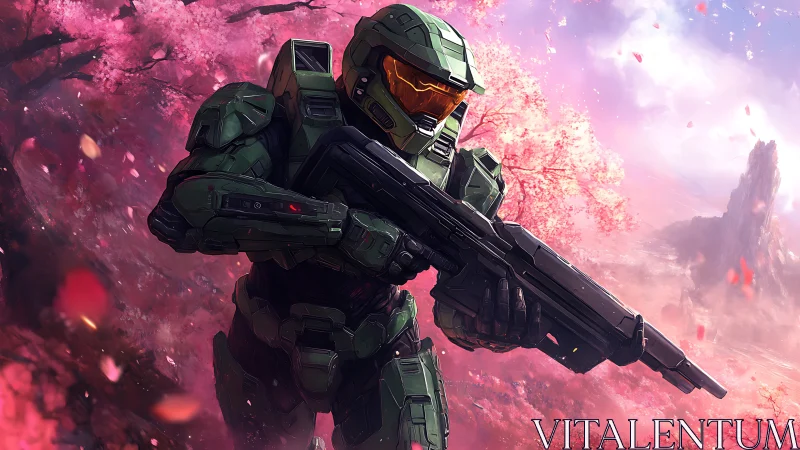 Armored space soldier advancing through pink blossom grove.