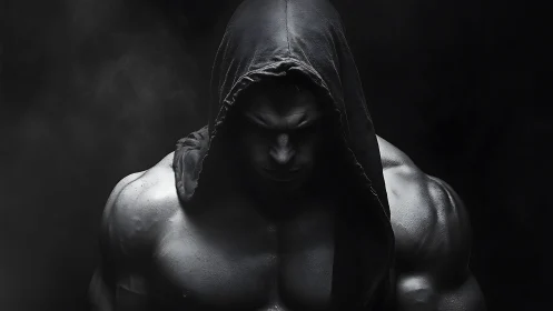 Low key hooded bodybuilder portrait with sculpted musculature