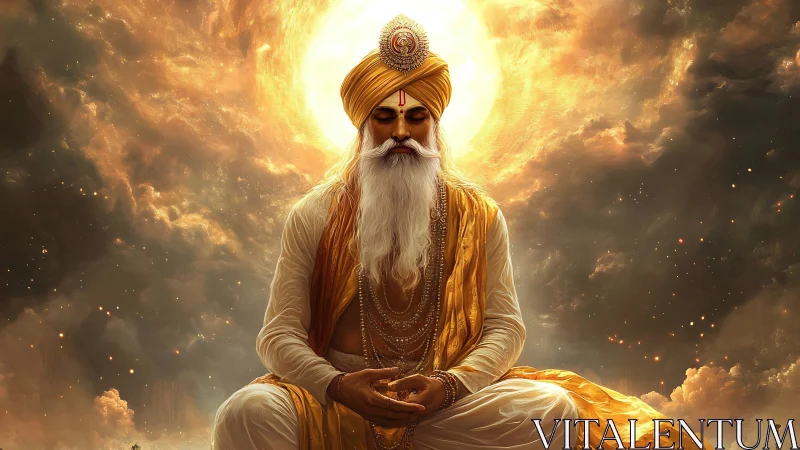 Meditating elder guru in golden robes under radiant solar halo