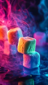 Glowing marshmallows float in neon vaporous light spectacle.