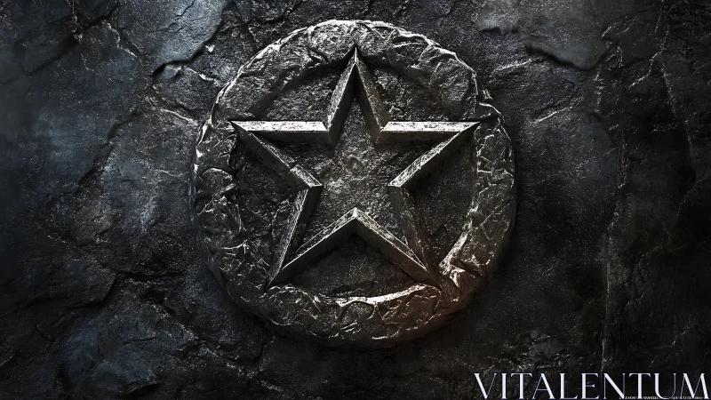 Metallic star emblem carved into rough dark stone wall.