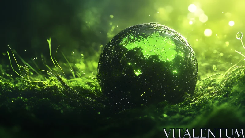 Bioluminescent glass sphere in macro forest moss landscape