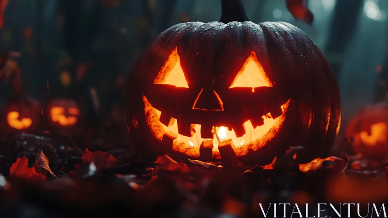 Low-angle jack-o’-lantern close-up shows volumetric glow and wet surface