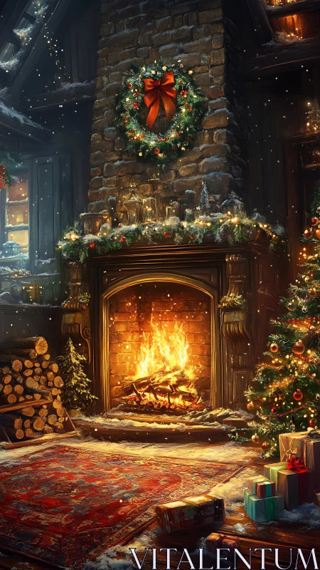 Festive fireplace interior renders warm Christmas cabin ambiance
