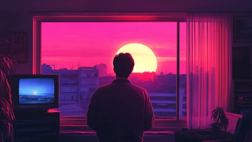 Silhouetted figure watches neon pink sunset over city blocks.