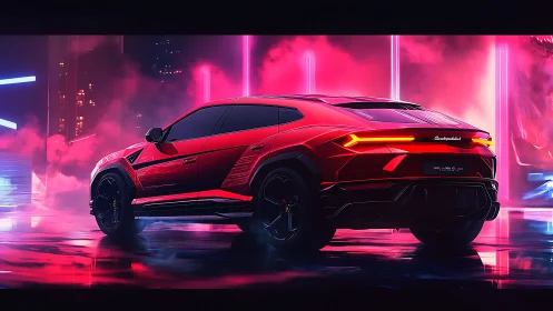 Red performance SUV glows in neon cyberpunk cityscape.