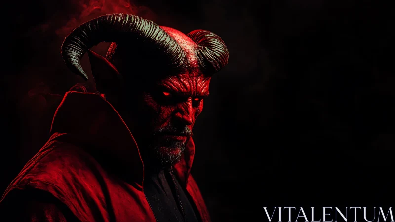 Horned red demon overlord glares through deep shadow