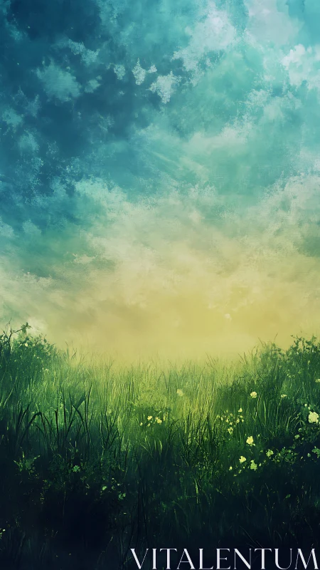 Sunlit meadow under diffuse blue sky in digital art.
