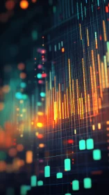 Vertical data visualization bars form structured neon grid