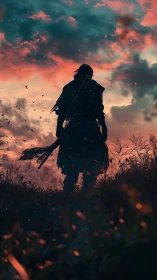 Solitary cloaked warrior under dramatic sunset sky.