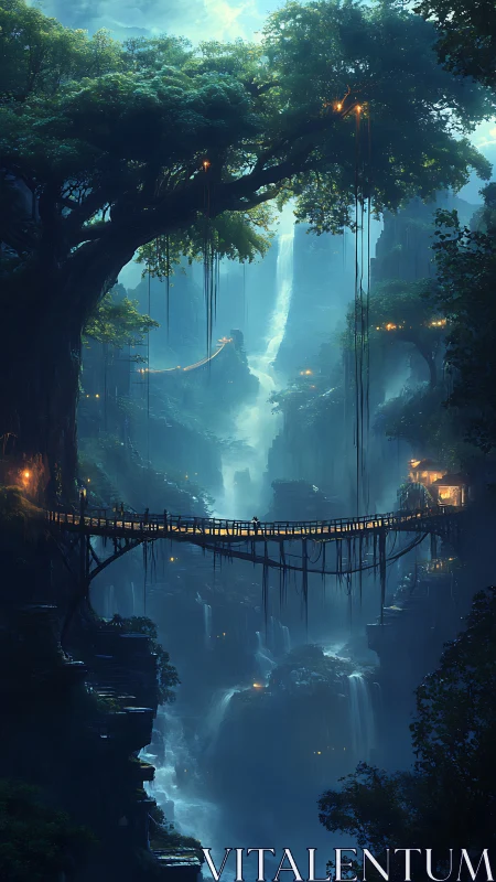 Mystic jungle gorge with suspended bridges and waterfalls.