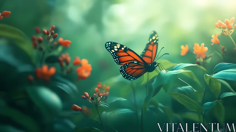 Monarch butterfly hovers above orange flowers in soft focus