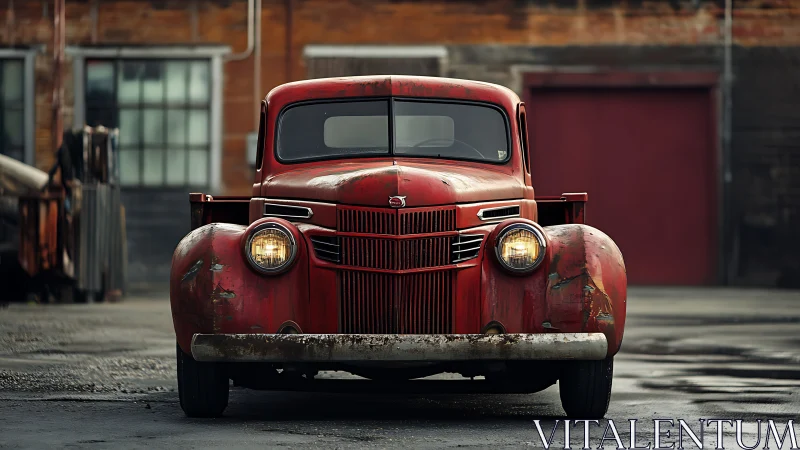 Rust-red vintage pickup truck under soft urban daylight.