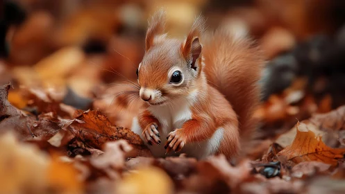 Tiny red squirrel amid glowing autumn leaf bokeh scene.