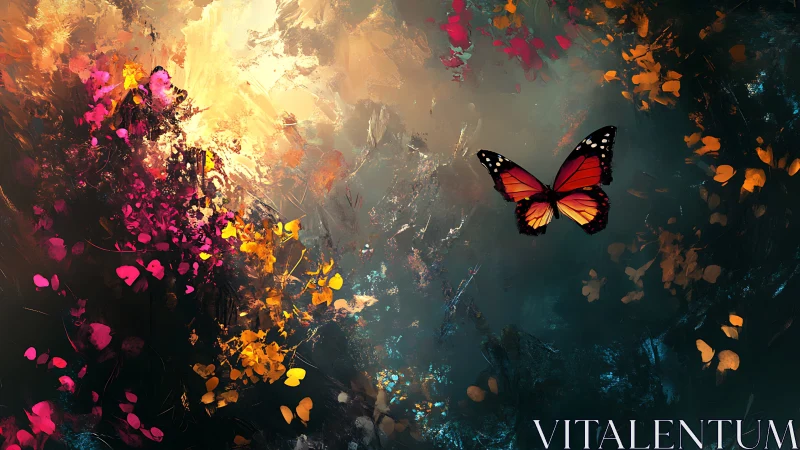 Butterfly with abstract foliage in vivid multicolored field.