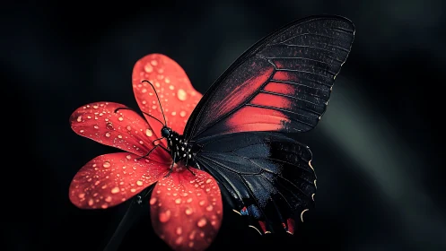 Black butterfly rests on red flower with dewdrops.