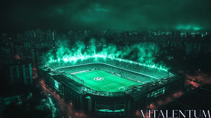 Glowing night stadium pulses with bright green match energy