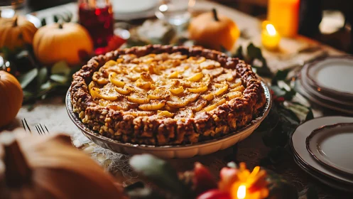 Rustic peach tart on autumn holiday table setting.