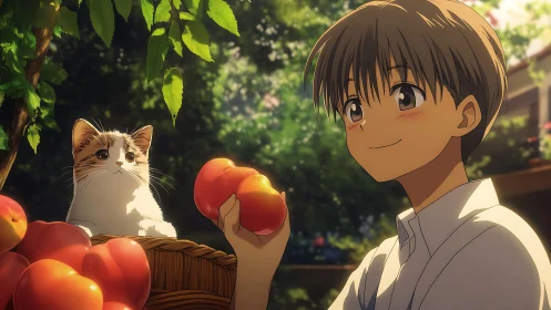 Boy with cat and peaches in outdoor animated marketplace scene.
