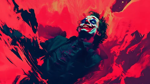 Laughing figure drifts through bold red painted chaos.